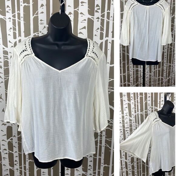 Gilli Tops - Gilli Boho Boho Crochet Shoulder Bell Half-Sleeve Gauze Top sz L